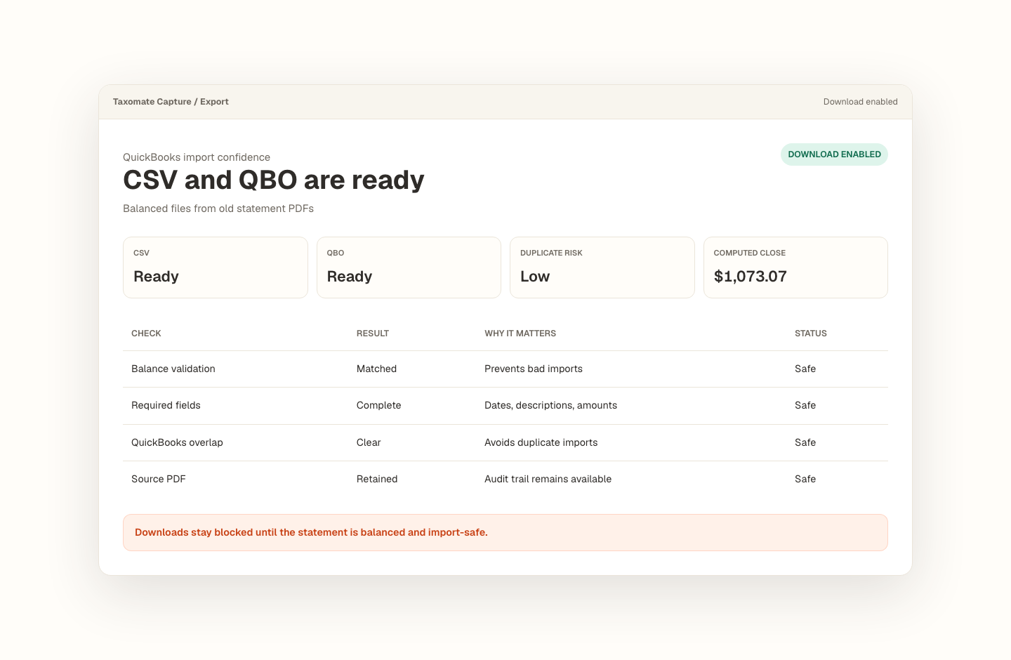 Taxomate Capture export-ready screenshot with balanced CSV and QBO downloads enabled